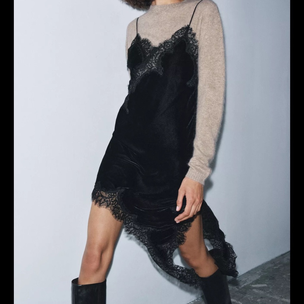Zara Black and Tan Lace Slip Dress
